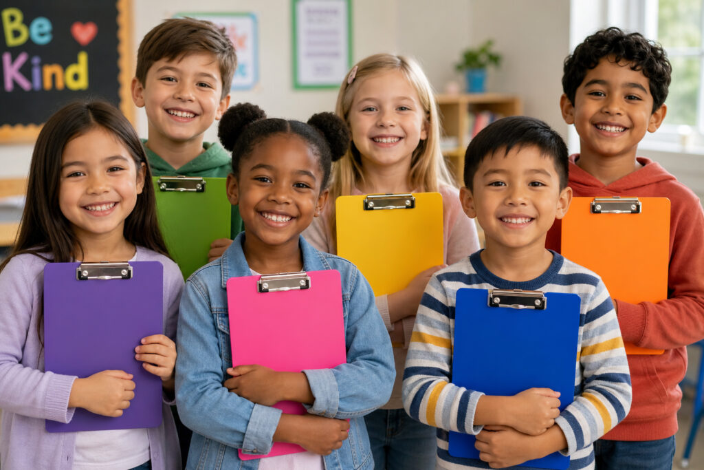 Group Of Kids Holding Colourful Clipboards