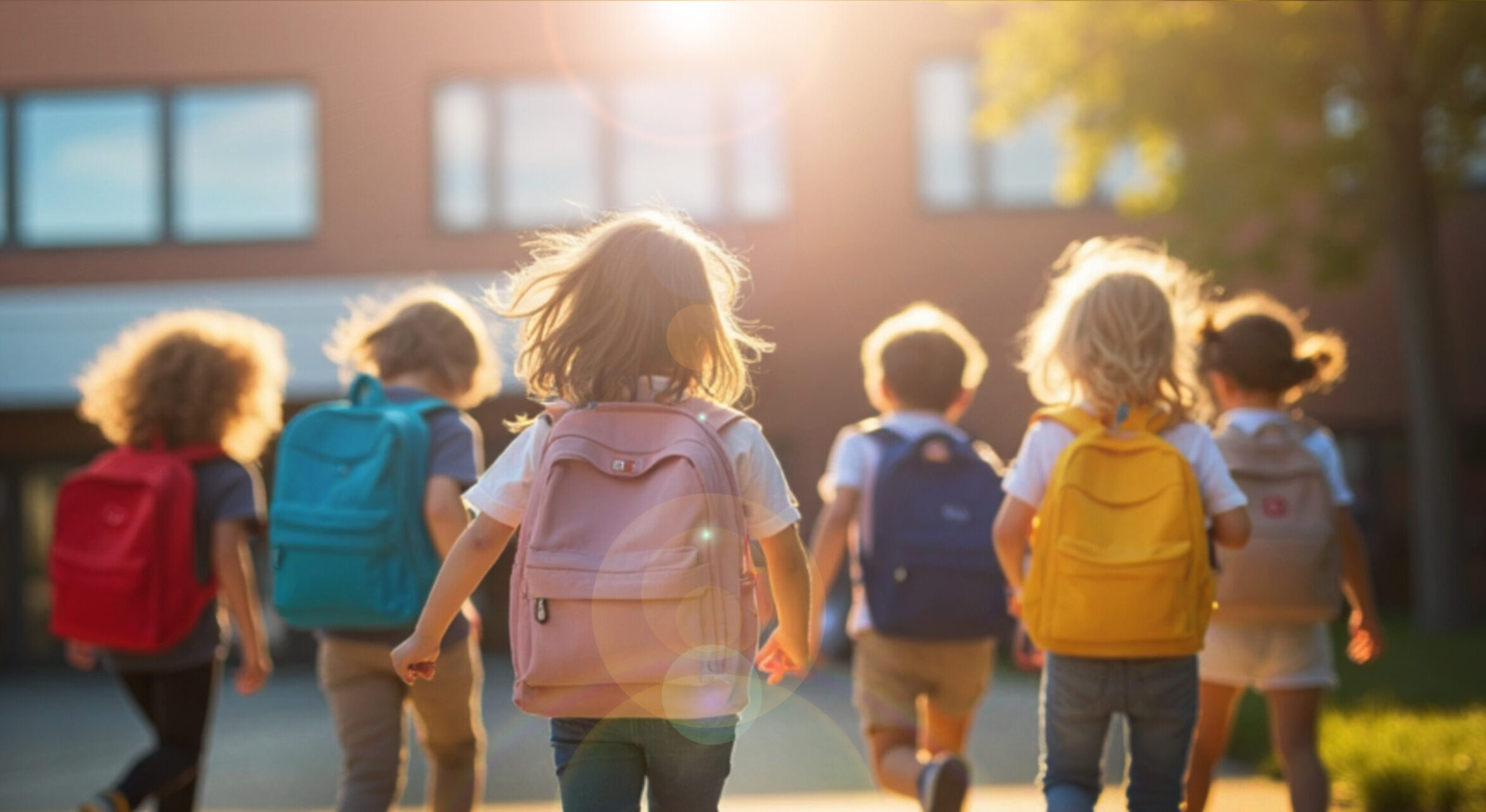 Educational Background. Back To School Concept With A Group Of Children Walking Happily On A Backpack Walking To The School Building In The Sun