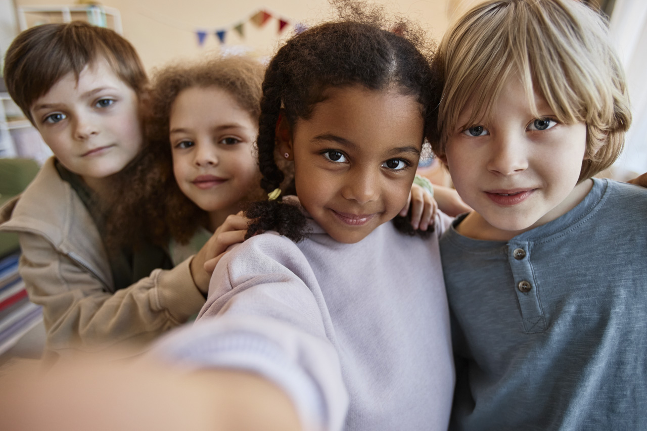 Pov Diverse Group Of Happy Children Taking Selfie Photo