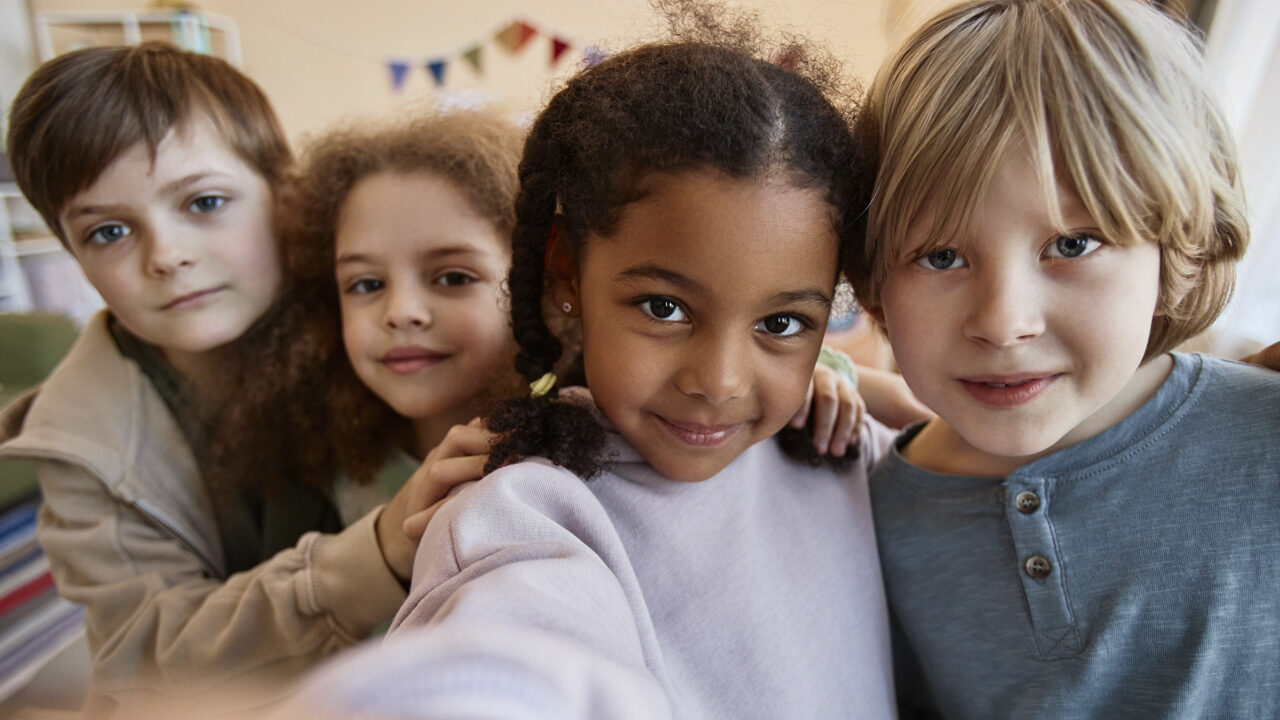 Pov Diverse Group Of Happy Children Taking Selfie Photo